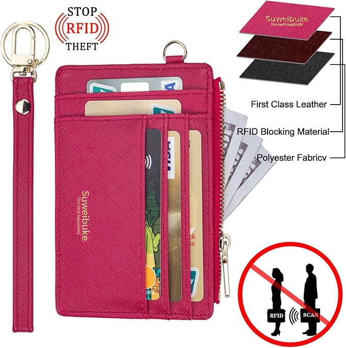 Wikavanli Women Slim Rfid Blocking Credit Card Case Holder Wristlet Zip ID Case Wallet Small Compact Leather Wallet Coin Purse with Keychain (Rose Red)