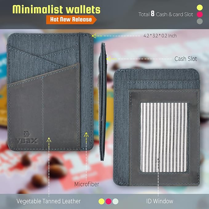 RFID Slim Wallet for Men Women, 8 Card Slot Leather Minimalist Front Pocket Credit Card Holders, Grey Canvas