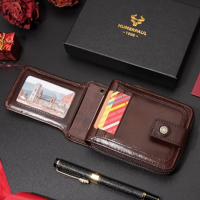 gzcz Mens Wallet with Zipper Genuine Leather Bifold Purse for Men ID Window and Zip Coin Pocket (Coffee)