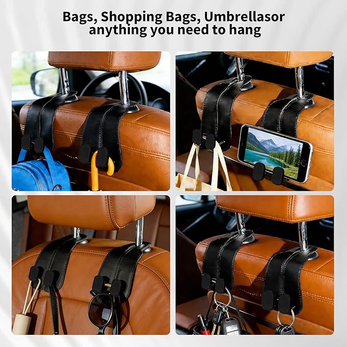 4 Pack Headrest Hooks for Car, Leather Car Seat Back Storage Hooks, Car Purse Holder for Purses and Handbags