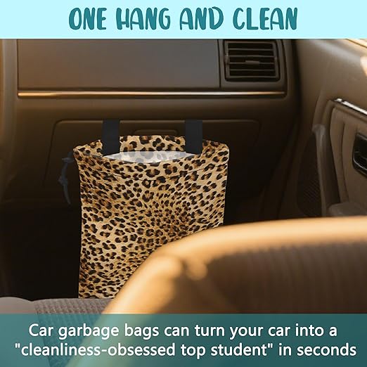 Car Trash Bag Brown Leopard Leak-Proof Waterproof Car Garbage Bag with Drawstring Foldable Canvas Trash Bin with Adjustable Buckle for Car Accessories, Travelling, Camping