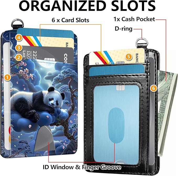 Slim RFID Blocking Card Holder Wallet with Wrist Strap - Minimalist Front Pocket Wallet, Panda Sleeps Design, PU Leathe, for Men & Women, Ideal for Travel & Gifts