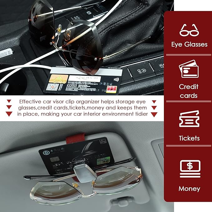 Mudder 2 Packs Sunglasses Holder for Car Universal Visor Sunglasses Holder Clip Leather Eyeglasses Hanger and Ticket Card Clip Eyeglasses Mount for Car(Red)