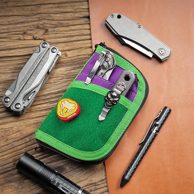 VIPERADE VE10 EDC Pouch Small Pocket Tool Pouch with 10 Compartments, Men's Pocket Organizer for Multitools, EDC Organizer with Patches Area for DIY (Green+Purple)