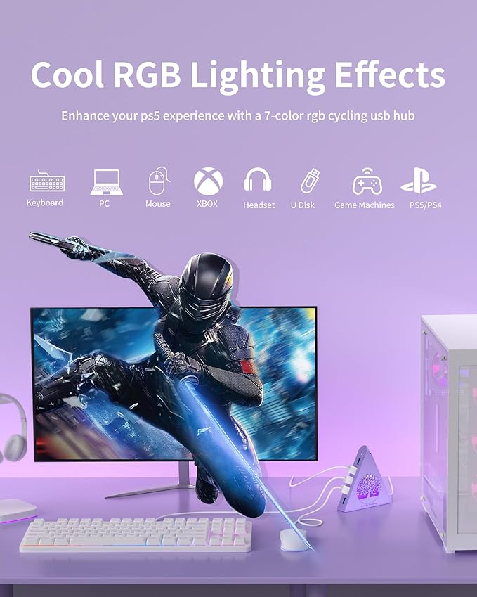 7-Port USB 3.0 Hub, Light Purple Vertical USB Splitter with Tree-Inspired RGB Lights, 5Gbps High-Speed Transfer, 2FT Cable, Compatible with MacBook, PC, Flash Drive, Console, Printer, Camera