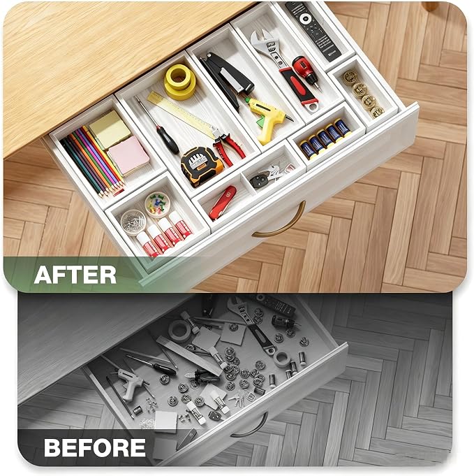 9-Pack Solid Wood Junk Drawer Organizer, Modular Desk Drawer Tray & Accessories with Non-Slip Pad, Multi-Use for Kitchen, Office, Bedroom Dresser, Utensil, Makeup, Stationery, Tea Bags & Coffee Pod