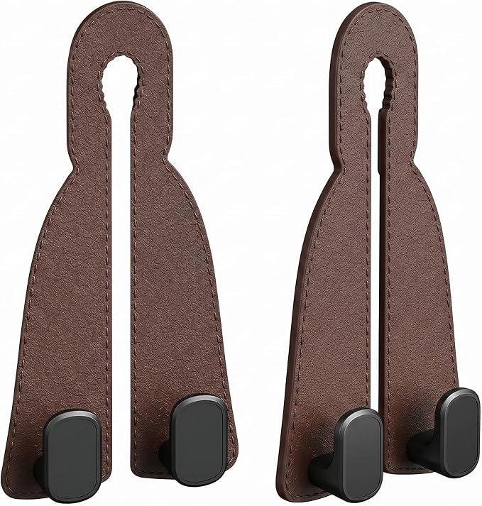 2 Pack Leather Car Seat Back Double Hooks - Heavy Duty Metal Core Headrest Hangers for Purses, Bags & Groceries - Anti-Drop & Scratch-Free Auto Interior Organizer Holder (Brown)