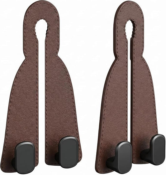 2 Pack Leather Car Seat Back Double Hooks - Heavy Duty Metal Core Headrest Hangers for Purses, Bags & Groceries - Anti-Drop & Scratch-Free Auto Interior Organizer Holder (Brown)