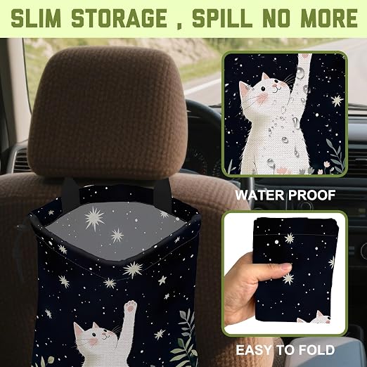 White Cat Starry Night Car Trash Bag Botanical Cat Leak-Proof Waterproof Car Garbage Bag with Drawstring Foldable Canvas Trash Bin with Adjustable Buckle for Car Accessories, Travelling, Camping