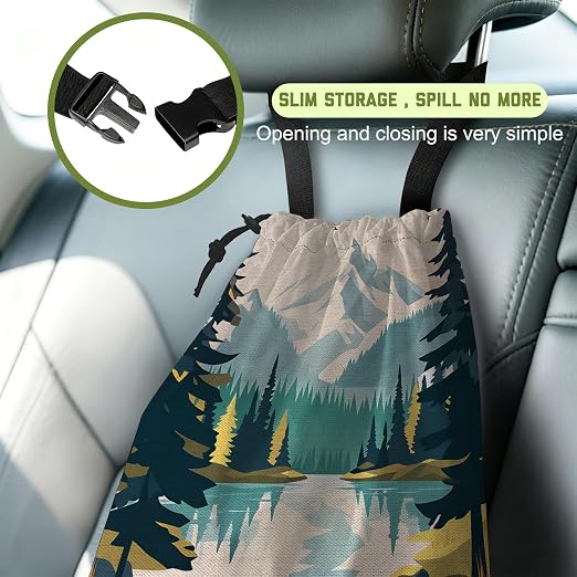 Car Trash Bag Mountain and River Forest Leak-Proof Waterproof Car Garbage Bag with Drawstring Foldable Canvas Trash Bin with Adjustable Buckle for Car Accessories, Travelling, Camping
