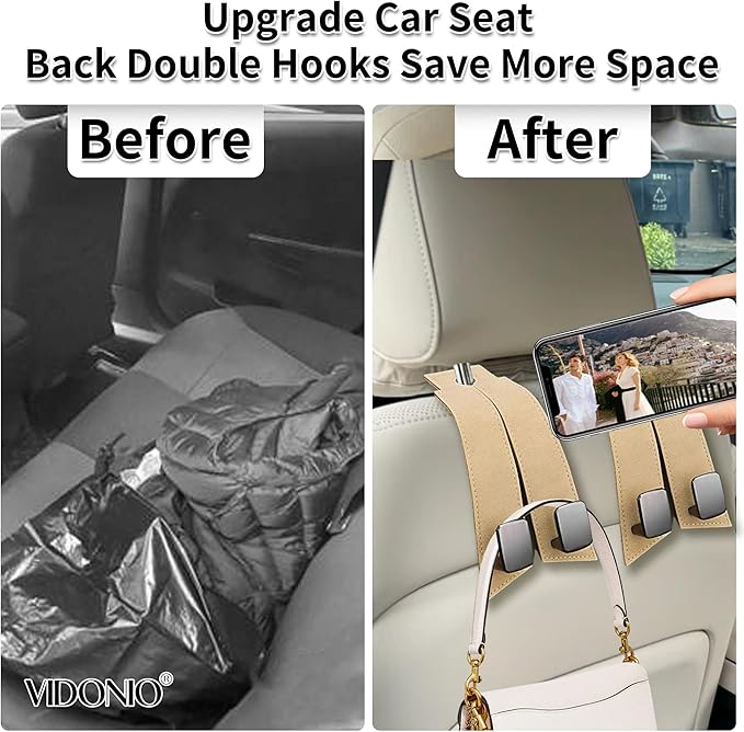 Vidonio Upgrade Seat Back Hooks, Suede Headrest Hooks & Phone Holder, Purse Hook for Car Organizers, Universal Hidden Multifunctional Hooks (Beige 2pcs)