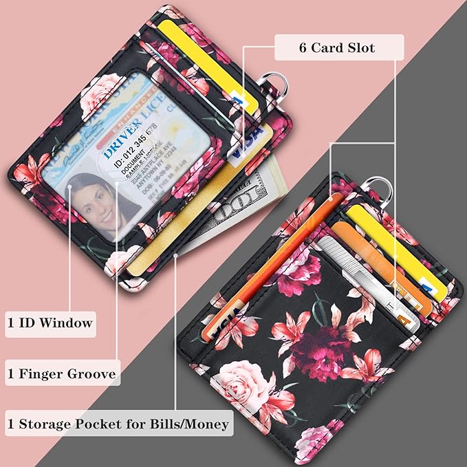 Coco Rossi Slim Front Pocket Wallet RFID ID Card Holder Cute Small Wallet with Wrist Lanyards Key Chain Holder for Women,Black Flowers
