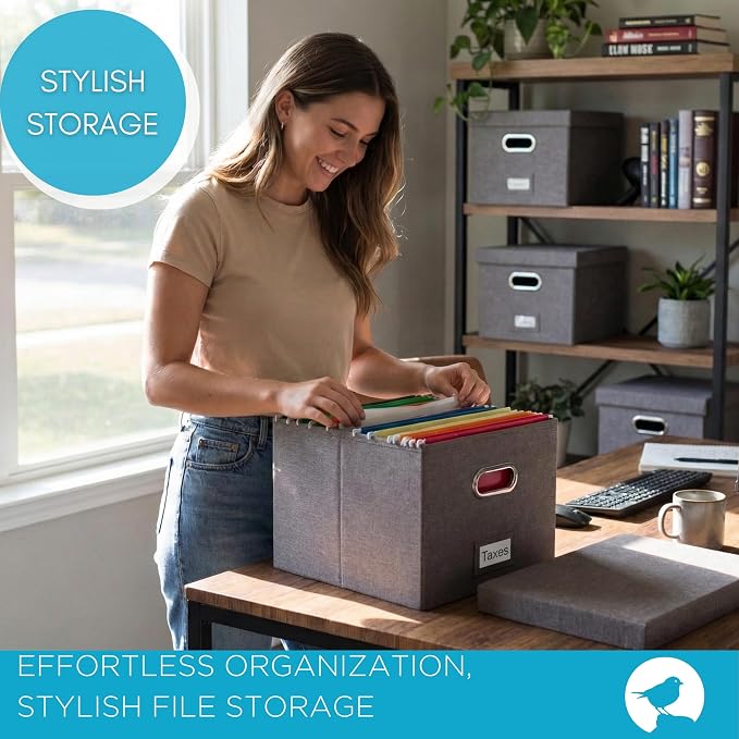 Internet's Best Collapsible File Box Storage Organizer with Lid - Decorative Linen Filing & Storage Office Boxes – Hanging Letter/Legal Folder – Home Office Bins Cabinet – Grey Container - 1 Pack