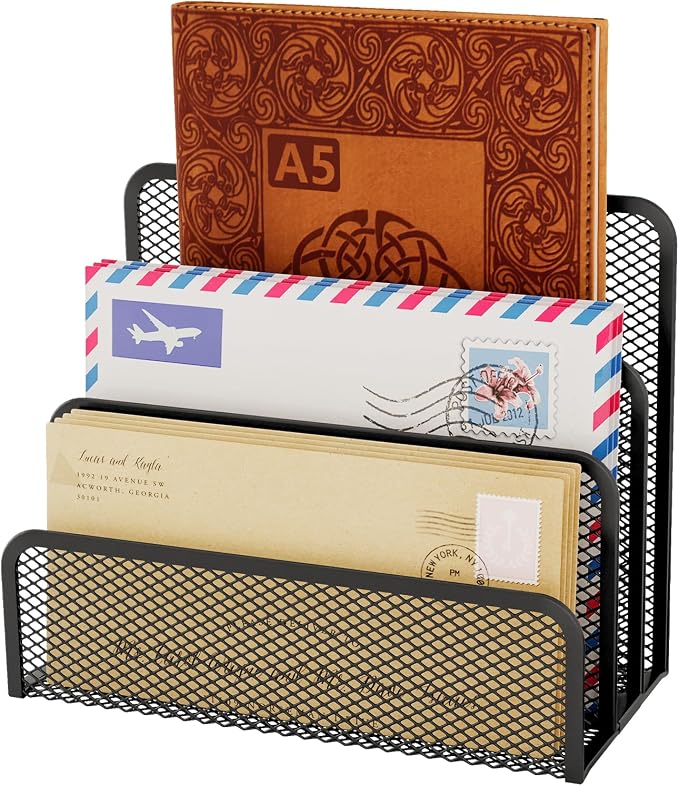 Mesh Mail Organizer 3 Slot Mail Holder for Desk Mesh Letter Sorter File Holder for Home Office Documents, Envelopes, and Postcards Paper Clip Holder set (Black)