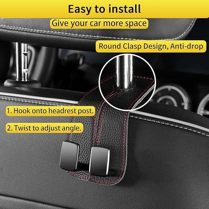 WEIHAO Car Purse Hook, Genuine Leather Car Seat Back Storage Hook, Purse Hook for Car Headrest, Twin Hook Leather Car Headrest Hangers, Bag Hook for Car, Trucks, SUVs, Most Vehicles (Black-2 PCS)