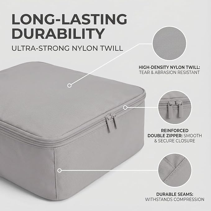 6 Set Compression Packing Cubes for 7–14 Day Travel, Misty Silver | Nylon Oxford Fabric, Full Breathable Mesh, Reinforced Double-Zipper, Small to Large Size Bag, Expandable Packing System