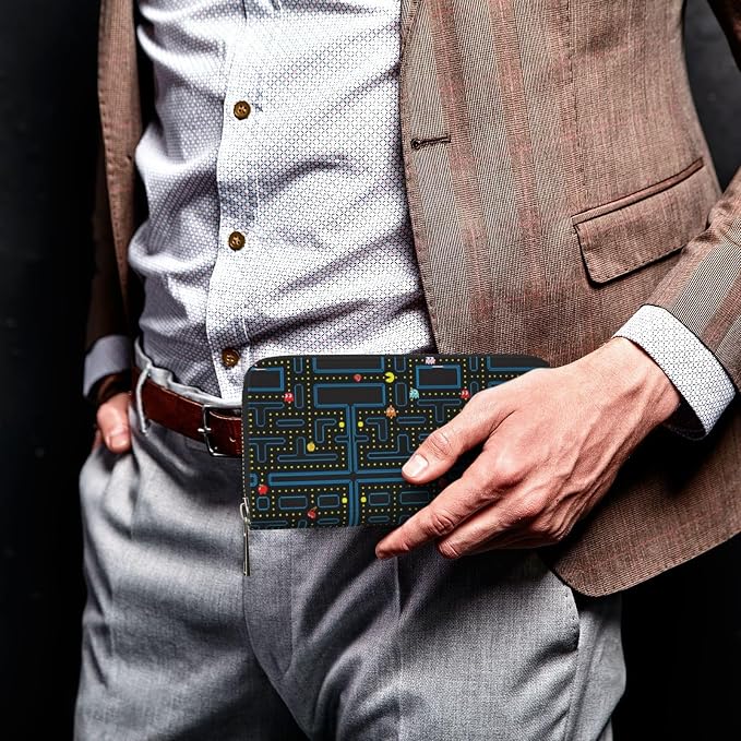 Retro Video Game Pattern Wallet for Men Women Elegant Long Clutch Zip Around Travel Leather Coin Purse Large Capacity Credit Card Holder Handbag