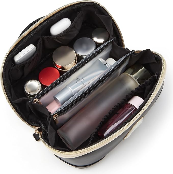 YTL Travel Makeup Bag, Large Capacity Cosmetic Bag for Women, Waterproof PU Leather, Flat Open Portable Toiletry Bag for Skincare, Brushes & Travel Essentials