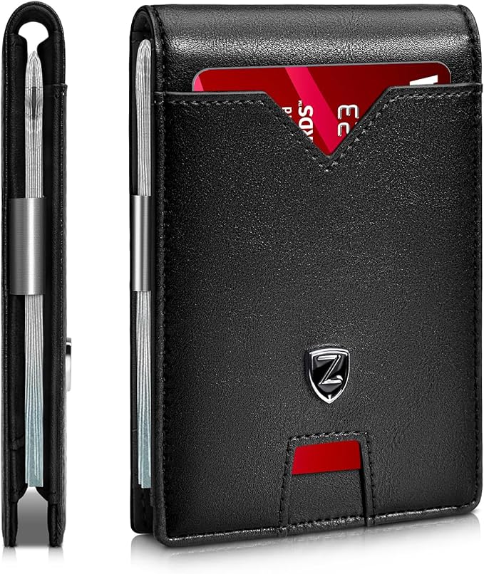 Zitahli Slim Wallet for Men with Money Clip, Minimalist Front Pocket RFID Blocking Leather Wallets Bifold Credit Card Holder, 11 Card Slots and ID Window with Gift Box