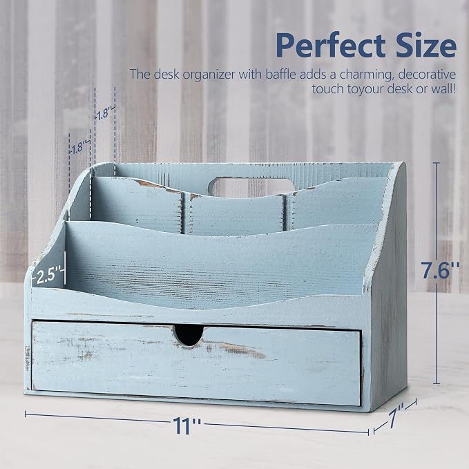 Rebee Vision Pine Wooden Mail Organizer for Desk - Rustic Farmhouse Mail Holder for Desk Organization with Drawer & Dividers - 4-Slot Letter Sorter, File Storage & Home Office Decor (Blue)