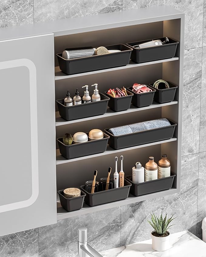 Canfanni 13 Pack Plastic Drawer Organizers Set, 3 Sizes Desk Drawer Organizer Trays for Vanity and Makeup Organizer, Organization and Storage for Makeup, Kitchen Utensils, Bathroom and Office(Black)