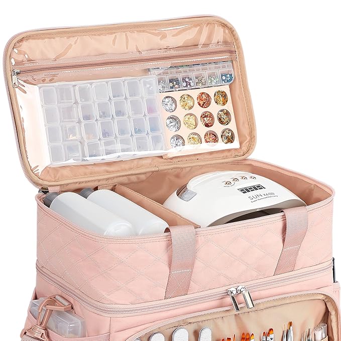 HOMEST Double Layer Nail Polish Organizer Holds 80 Bottles (15ml/0.5 fl. oz) and a Lamp, Case with 2 Removable Pouches for Manicure Tools Storage, Pink(Bag Only)