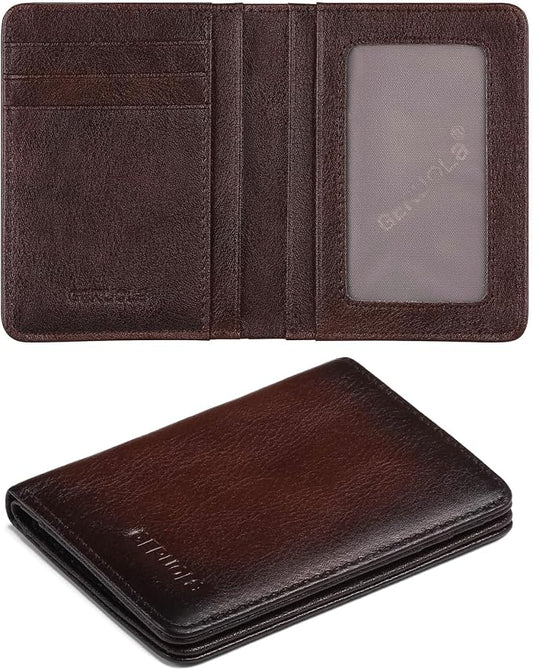 Bifold Slim Men Wallet Genuine Leather Thin, Small Vertical RFID Blocking Wallets for Men ，Compact & Stylish with Clear ID Windows (Coffee)