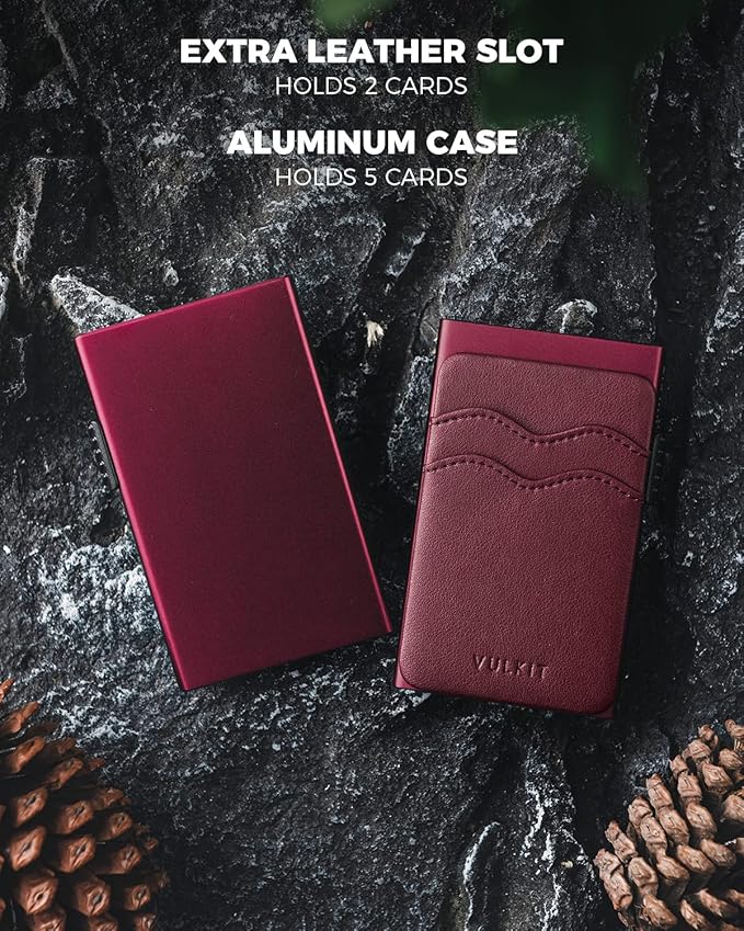 VULKIT Credit Card Holder Minimalist Slim Pop Up Wallet with Leather Slots RFID Blocking for Men and Women Holds 7 Cards and Notes Wine