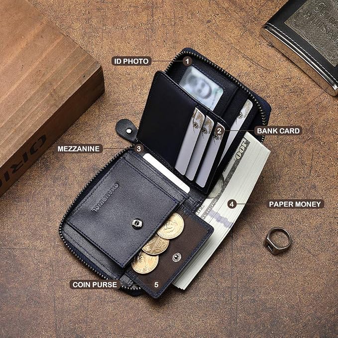 Mens Genuine Leather Zipper Wallet RFID Secure Large Capacity Double Fold Multi-card Leather Wallets for Men and coin purse