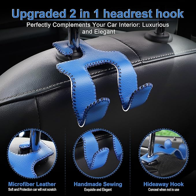 LivTee Upgraded Superior Leather Car Seat Back Headrest Hook, 2 in 1 Auto Seat Hook Hangers Holder Organization Interior Accessories for Purses Coats Umbrellas Grocery Bags Handbag (Blue)
