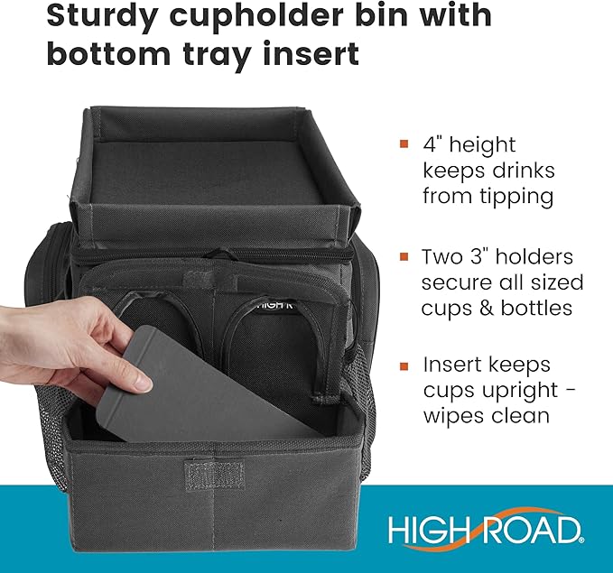 High Road CarHop Car Caddy Organizer with Road Trip Cooler, Car Cup Holder Bin, Sturdy Snack and Play Lid and 6 Organization and Storage Pockets, Black