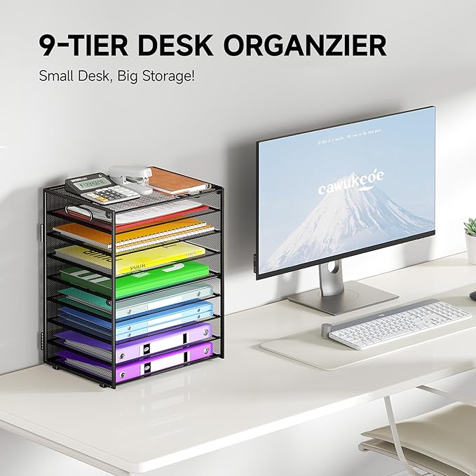 Cawukege 9 Tier Paper Organizer with Handle, 2 Pack Large Capacity Desk Organizer Mesh Paper Letter Tray File Folder Document Sorter for Classroom and Office Accessories Organization- Black