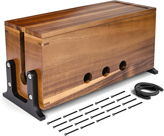 Extra Large Acacia Wood Cable Management Box, Pet Child Safe Cord Hider | Home Decor Cord Organizer, Sturdy Cable Hider Box for Power Strip, TV Wires, Desk & Floor & Office Under Desk Cable
