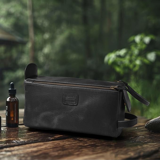 LEATHER VILLAGE Genuine Leather Travel Toiletry Bag - Water-Resistant Dopp Kit for Toiletries, Large Shaving Bag & Bathroom Organizer - Gift for Men & Women - Distressed Black