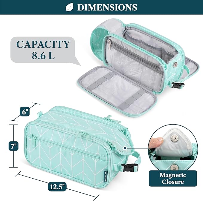 PAVILIA Toiletry Bag for Men Women, Hanging Travel Dopp Kit Organizer, PU Leather Water-Resistant Bathroom Bag for Shaving Grooming, Large Capacity Cosmetic Bag Travel Essentials, Teal Chevron