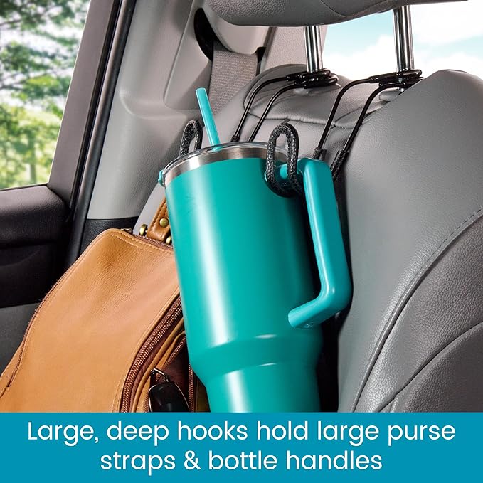 High Road Car Hooks for Purses and Bags with Leather Trim - Unbreakable Car Seat Hooks for Large Purse Straps and Heavy Bags up to 40 lbs - Secure Attachment Loops Fit All Headrest Posts, 2-Pack