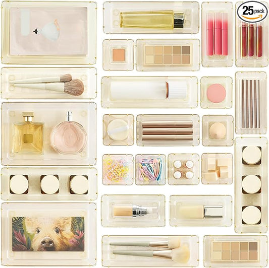 Vtopmart 25 PCS Clear Plastic Drawer Organizers Set, 4-Size Versatile Bathroom and Vanity Drawer Organizer Trays, Storage Bins for Makeup, Bedroom, Kitchen Gadgets Utensils and Office
