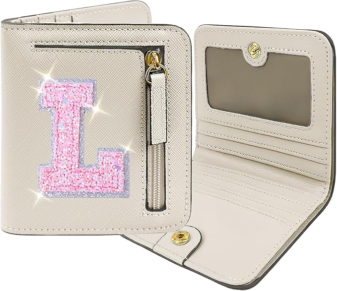 COSHAYSOO Small Wallet RFID Mini Bifold Travel Purse with Initial Letter Slim Thin Compact Pocket Minimalist Wallet Birthday Christmas Valentines Easter Gifts for Girls Friend Women Cream L