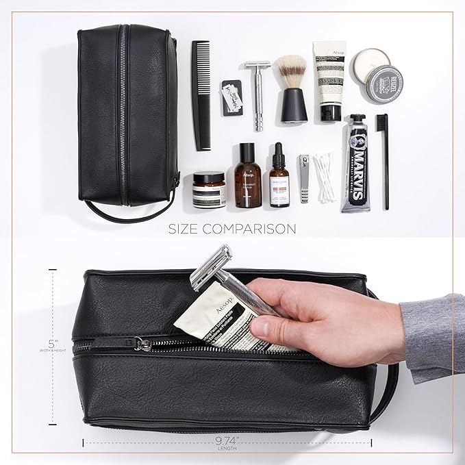 MAKE LIFE EXCLUSIVE Mens Leather Toiletry Bag – Travel Dopp Kit, Shaving Bag, Grooming & Hygiene Organizer, Leather Toiletry Bag for Men, Gift for Him