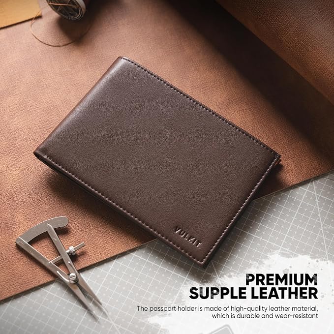 VULKIT Bilfold Passport Holder Leather RFID Blocking Passport Wallet with Hidden Pocket Slim Travel Documents Organizer for Men or Women (Passport, Card, Cash, Coin, SIM Card, Ticket)