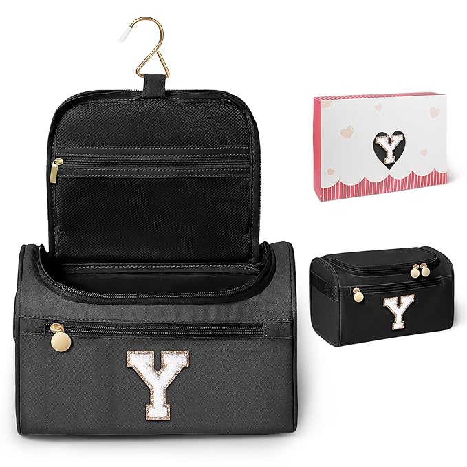 COSHAYSOO Christmas Valentines Galentines Day Fall Travel Gifts for Women Friend Sister Bestie Happy Birthday Party Favor Present, Large Hanging Toiletry Bag Skin Care Toiletries Black Letter Y
