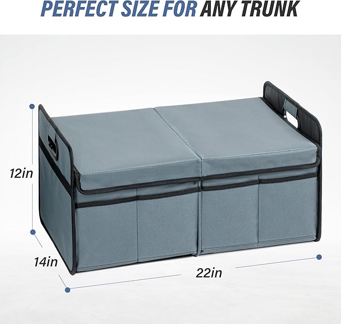Simple Deluxe Car Trunk Organizer with Lid, Collapsible 2 Compartment 50L Automotive Storage Box with 5 Pocket, 600D Waterproof Oxford Polyester, Non Slip Bottom, Grey-Green