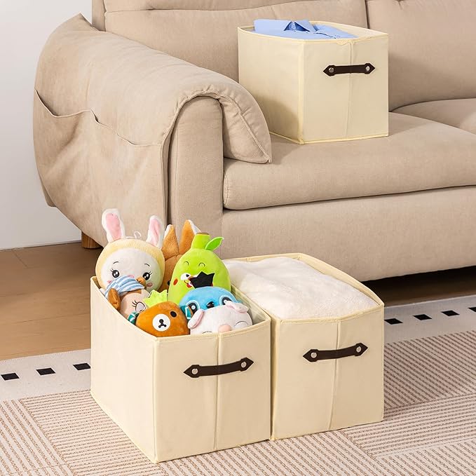 6 Pack Large Collapsible Storage Baskets for Shelves,14.9"x9.5" Fabric Closet storage Boxes with Leather Handles,Decorative Organizers Storage Bins for Clothes,Sheets,Toys,Books,Creamy-White