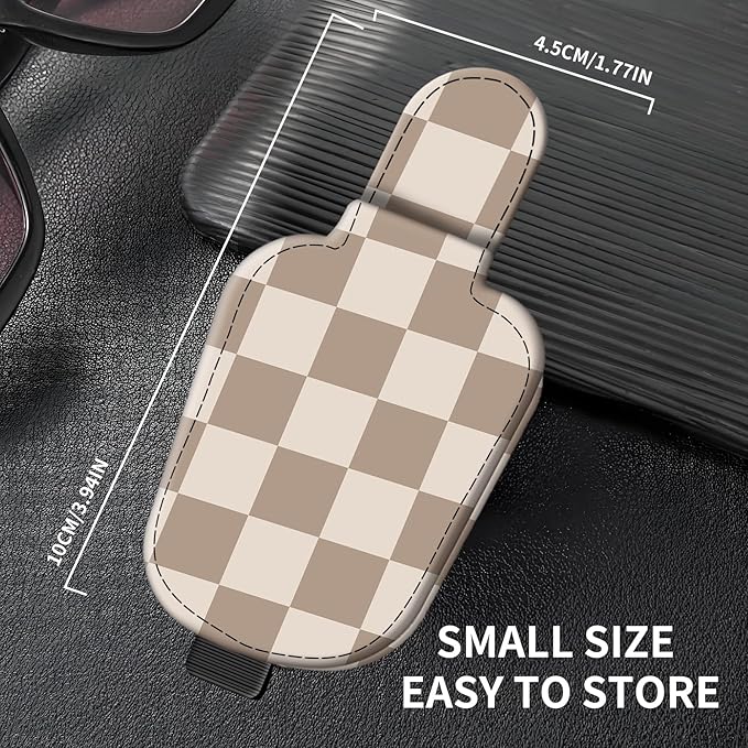 Leather Magnetic Sunglass Holder for Car Sun Visor, Cute Eyeglass Ticket Card Hanger Clip, Universal Auto Interior Accessories for SUV Pickup Truck Light Brown Checker