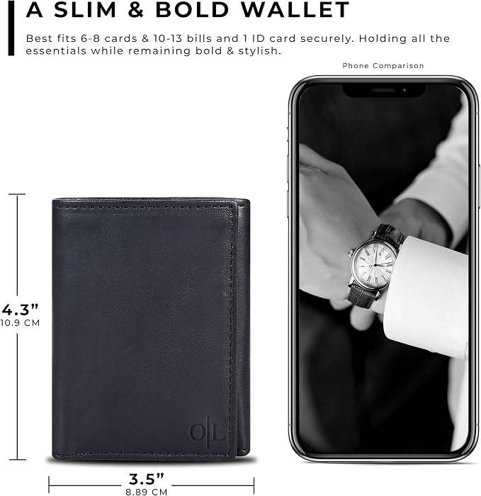 Tri fold Leather Wallet for Men with RFID | Slim Wallets for Men with 1 ID and 6 Credit card slots | Front Pocket Minimalist