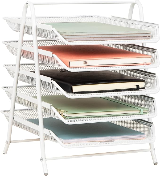 Mind Reader 5-Tier Paper Tray Organizer, White | Vertical Desktop File Storage Rack, Office, Metal Mesh