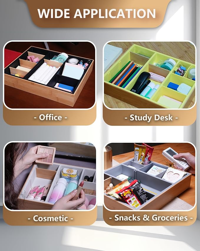 Office Drawer Organizer, Bamboo Desk Drawer Organizer with 4 Removable Dividers, Desk Organizers and Accessories with 10 Adjustable Compartments for Office Home Gray