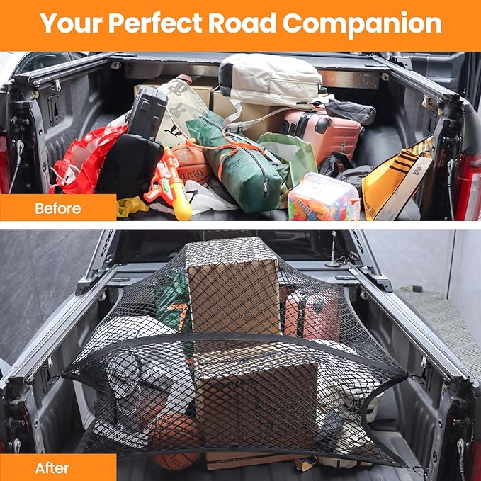 Truck Bed Net, Double-Layer Elastic Cargo Net Stretchable Mesh Organizer for Pickup, Suitable for Daily Light Loads of Trucks, Up to 2X Elastic from 4'x4’ Stretches to 7‘x 7’