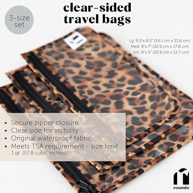 Bumkins Roamio Travel Bag, Toiletry, TSA Approved Pouch, Zip Quart Size Airline Compliant, Clear-Sided, Baby, Diaper Organization, Makeup, Accessories, Carry On Packing, Set of 3 Sizes, Leopard Print