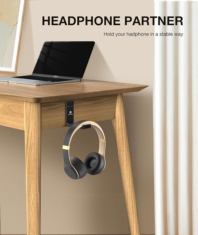 Foldable Headphone Stand & Headset Holder Mount, No-Scratch Silicone Pad Wall Hook for Gaming Headset, Space-Saving Under Desk Hanger with Strong Adhesive for PC, Home, and Office, Black